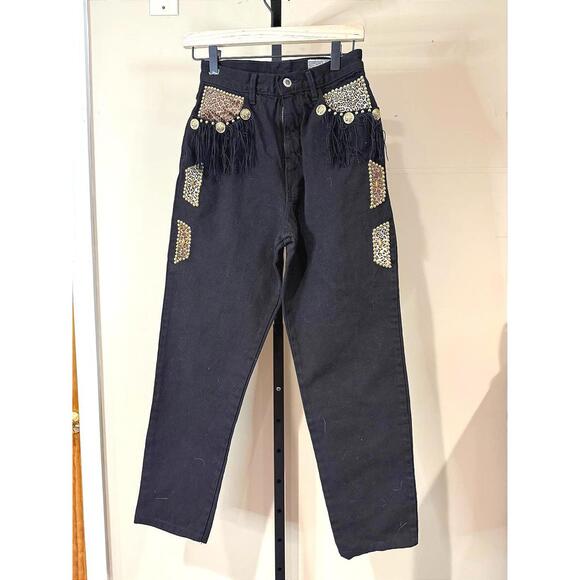 Robin Berry 80s Black Embellished High-Waisted Pants 6 with Fringe Stud Details